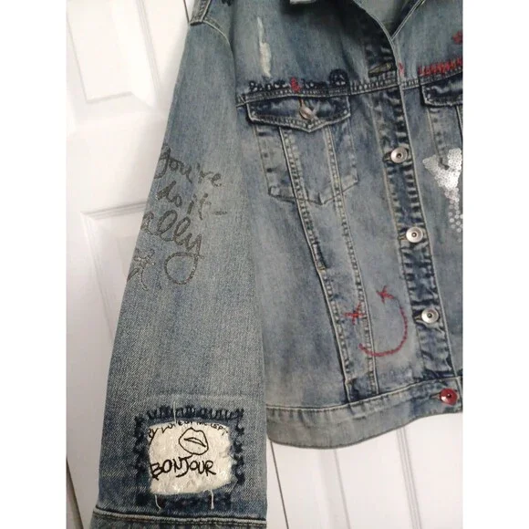 Desigual Women's Chaq Yes Embroidered Jean Jacket Blue Size M 100% cotton - Picture 10 of 16